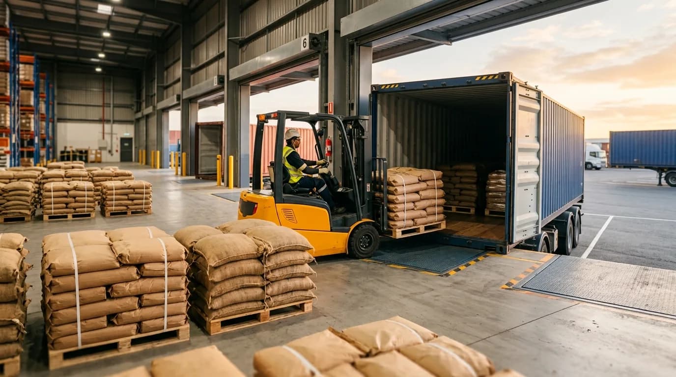 Pallets of 25 kg bags loaded into an export container