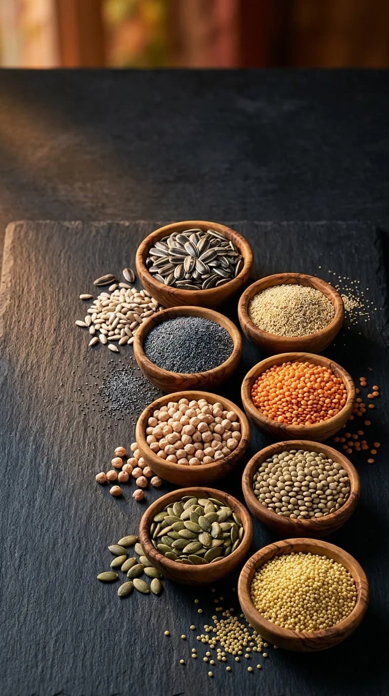 Bowls of sunflower seeds, poppy seeds, chickpeas, lentils, pumpkin seeds and millet